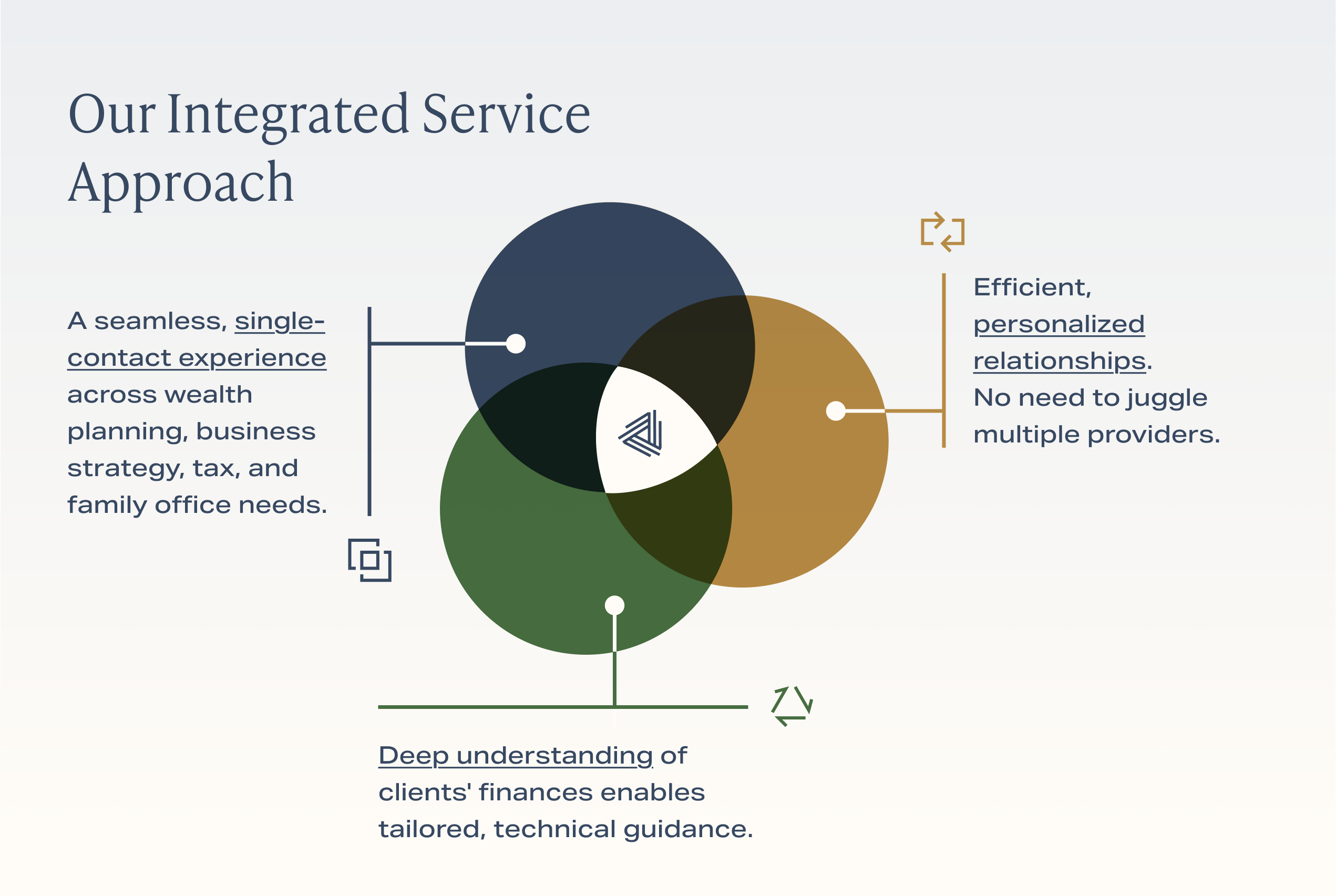 A Venn diagram with three colored circles illustrates an integrated service approach to Family Wealth Strategy. Key points highlight a single-contact experience, personalized relationships, and tailored technical financial guidance.